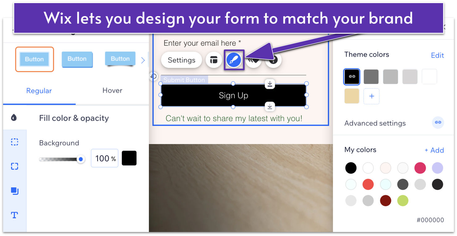 Wix Lightbox Button Design menus with "Design" paintbrush icon highlighted