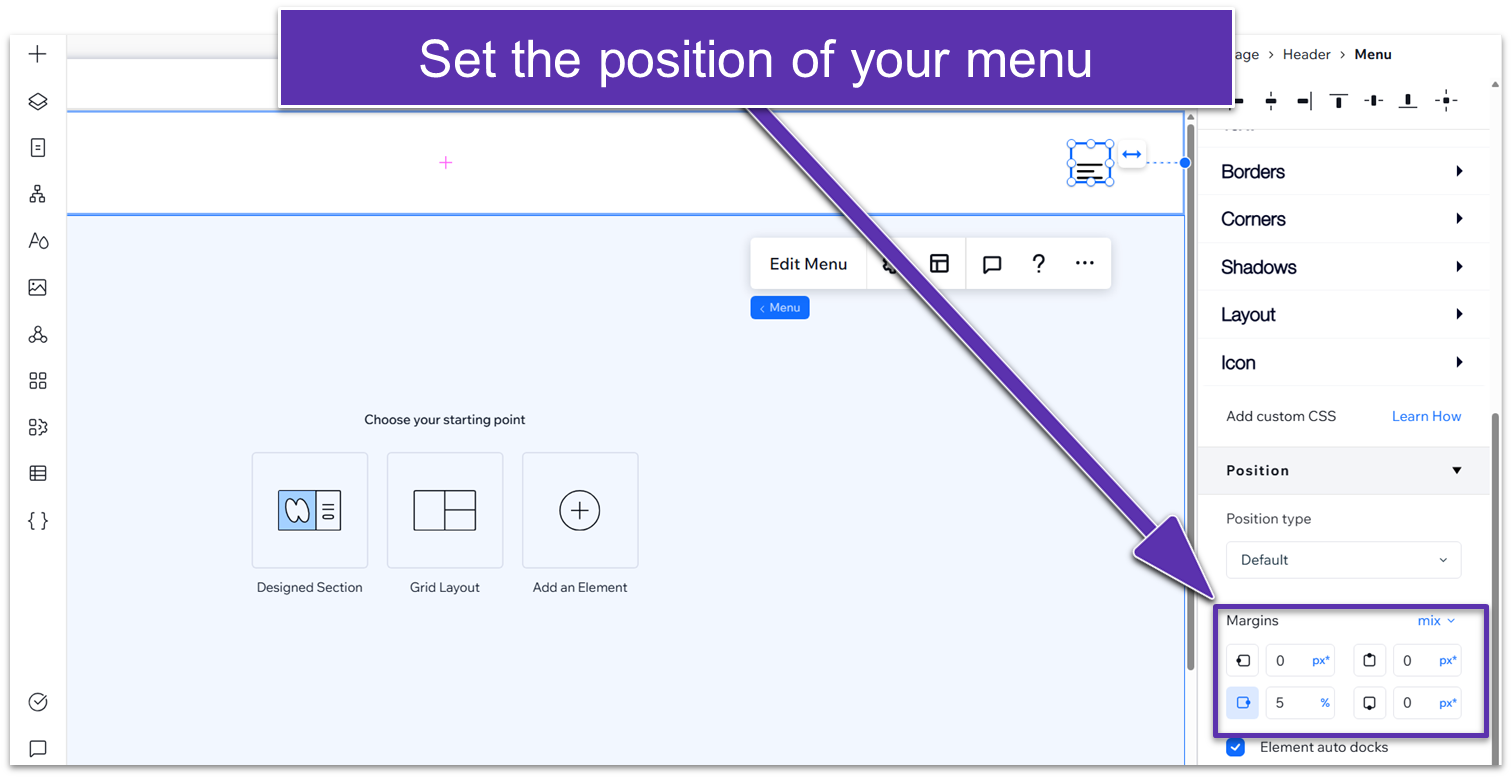 Wix Guide Portfolio Site Module 2, adjusting the menu position