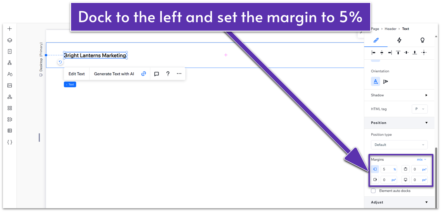 Wix Guide Agency Site Module 2, docking the logo to the left