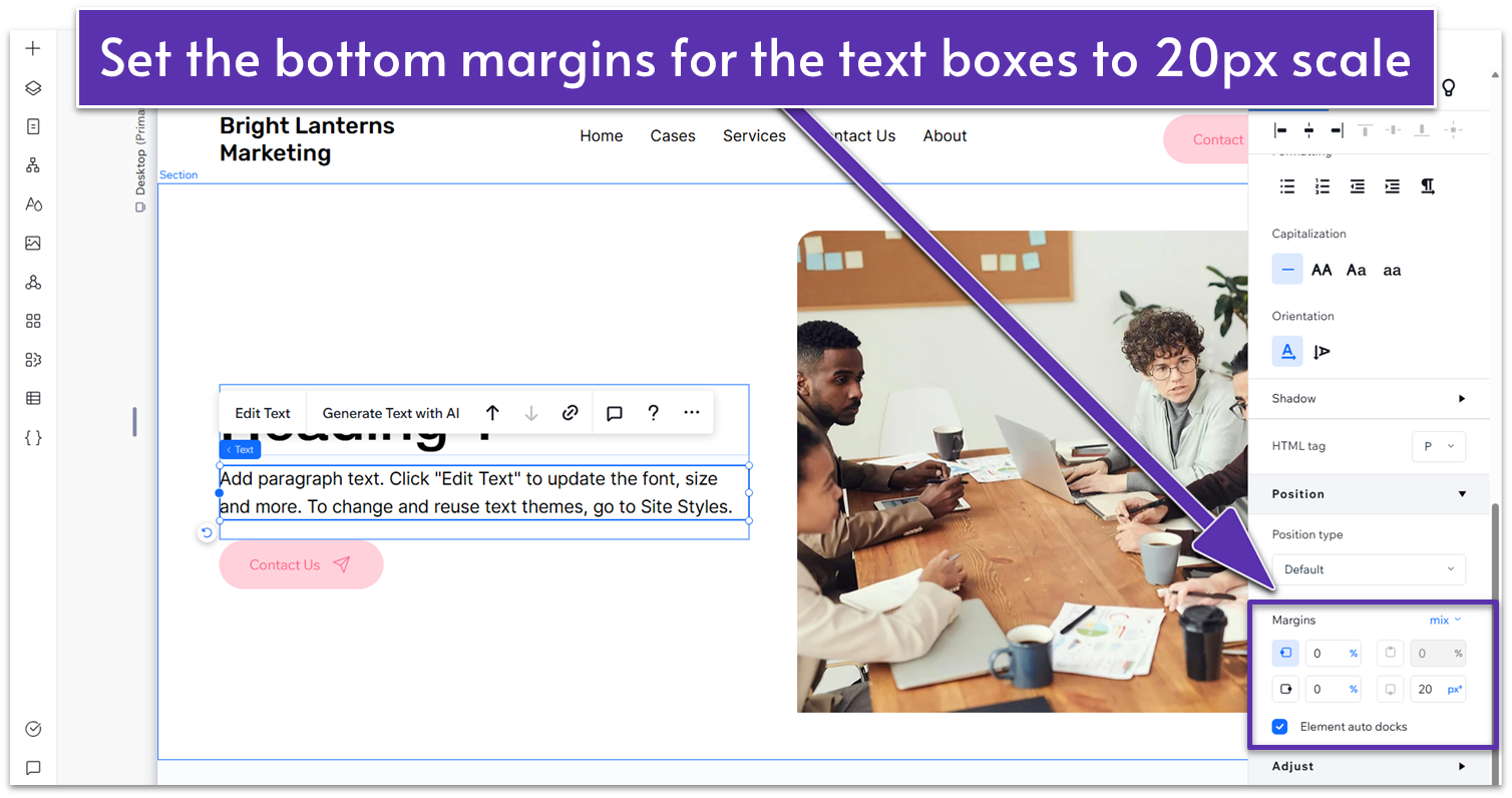 Wix Guide Agency Site Module 2, changing hero text bottom margins