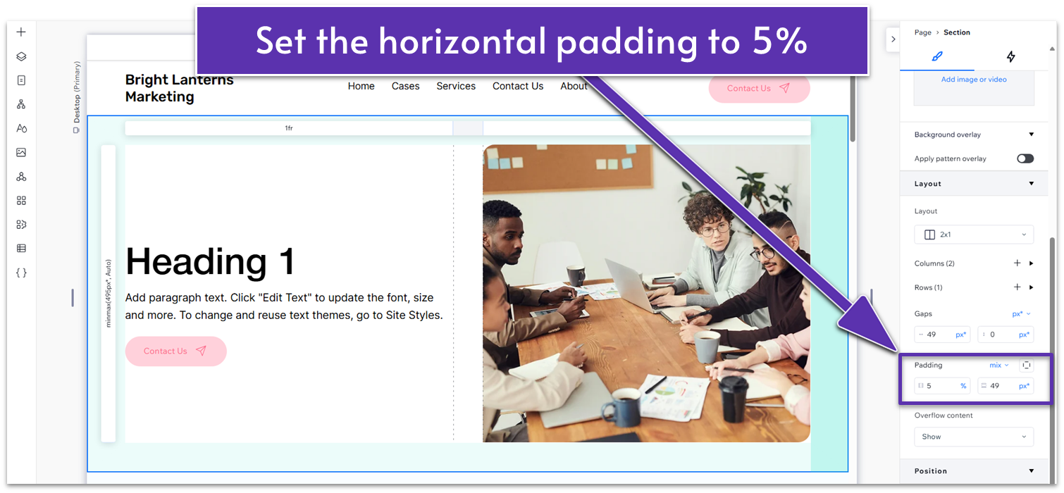 Wix Guide Agency Site Module 2, changing the hero section horizontal padding