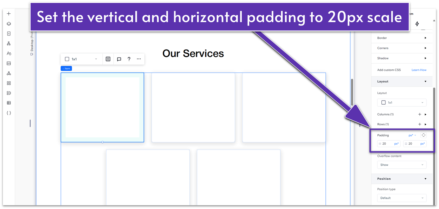 Wix Guide Agency Site Module 2, changing the inner padding of containers