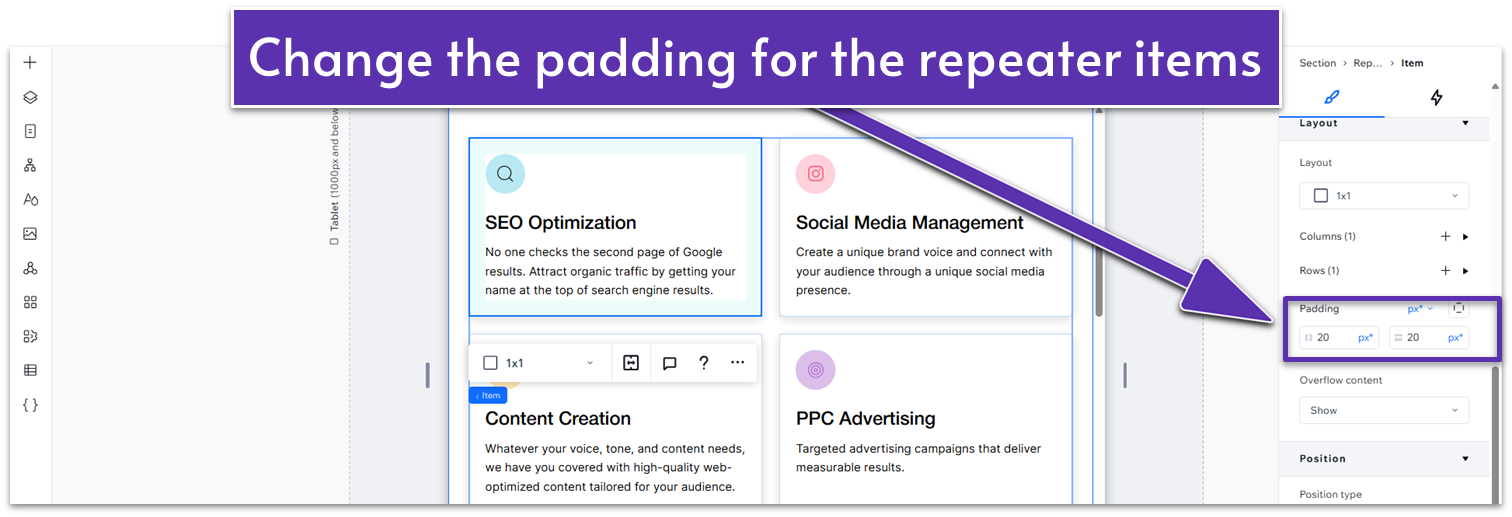 Wix Guide Agency Site Module 2, changing the inner padding of repeater items