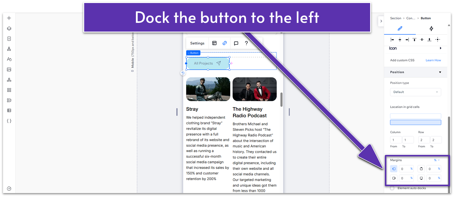 Wix Guide Agency Site Module 2, docking button to the left side