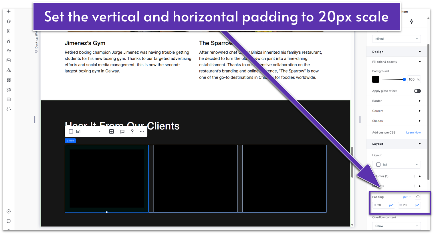 Wix Guide Agency Site Module 2, changing the horizontal padding of testimonials section
