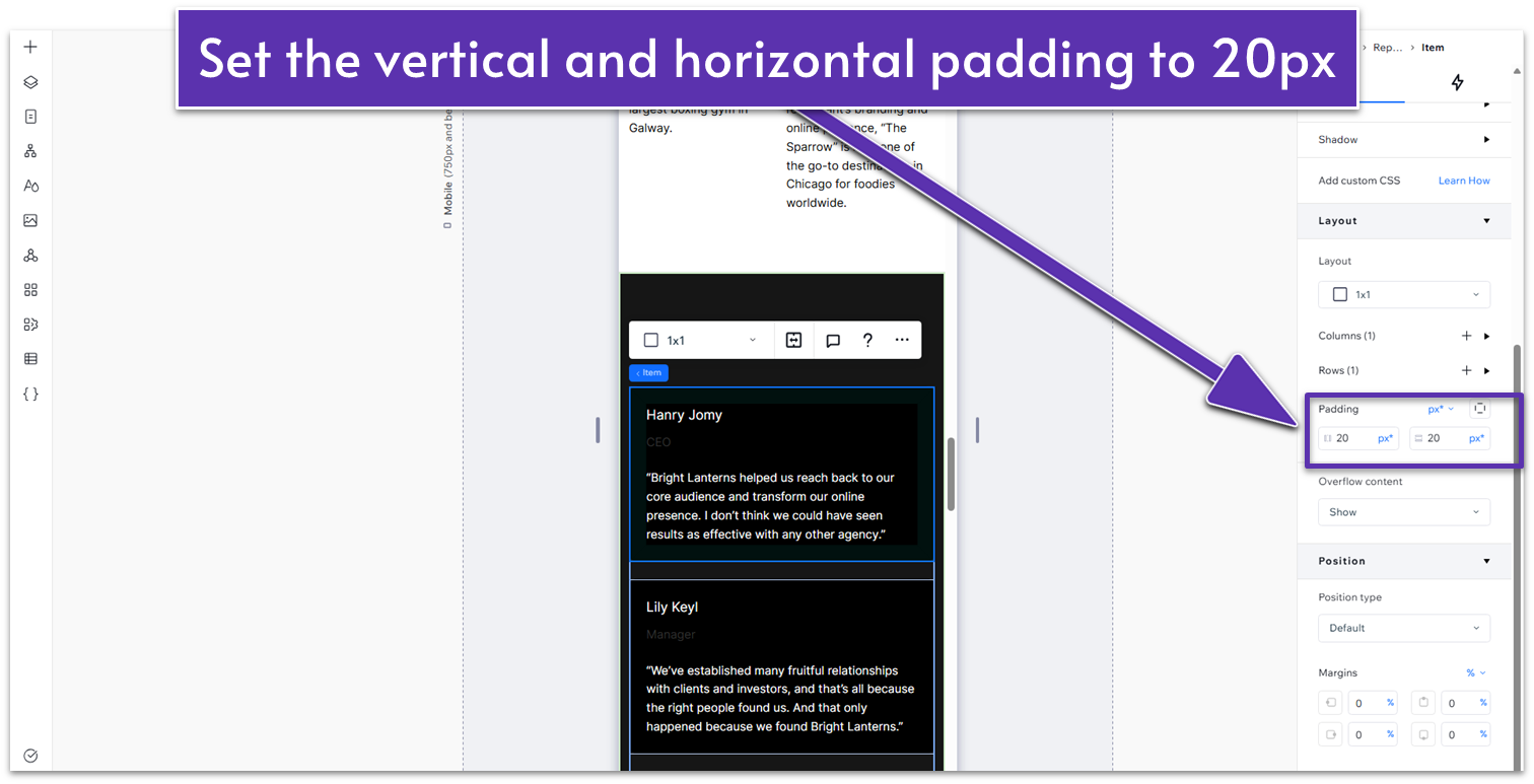 Wix Guide Agency Site Module 2, changing the inner padding of testimonial section on mobile