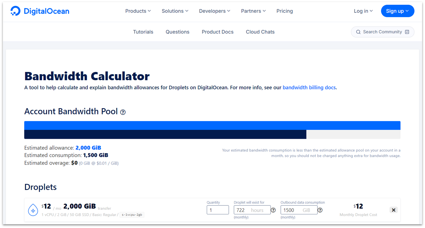 DigitalOcean bandwidth calculator