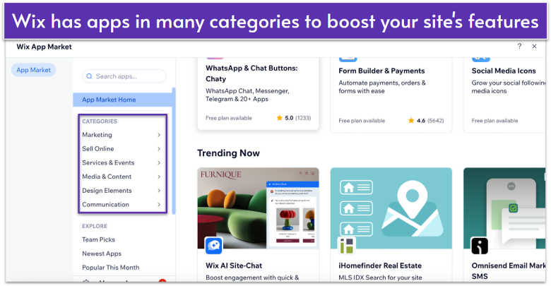 Screenshot of app plugin categories offered by Wix