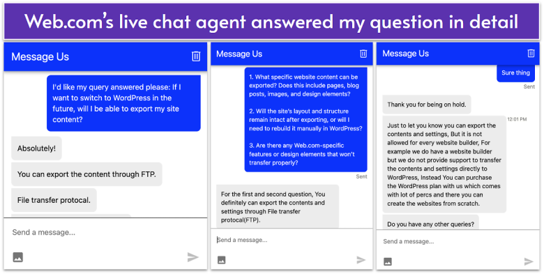 Screenshot of Web.com's live chat support answering a question
