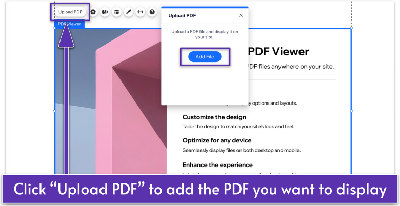 PDF Viewer selected in Wix Editor, navigating to Upload PDF and Add File buttons