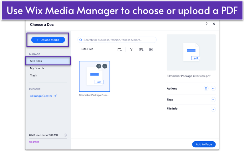 Wix Media Manager, selecting a PDF within Site Files, highlighting Upload Media and Add to Page buttons