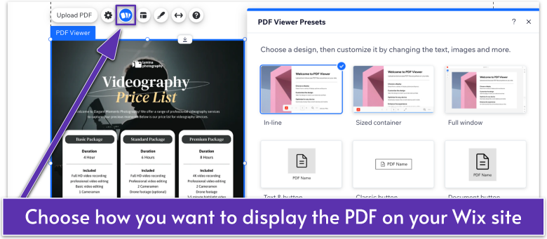 PDF Viewer in Wix Editor, navigating to Presets menu with layout and button options