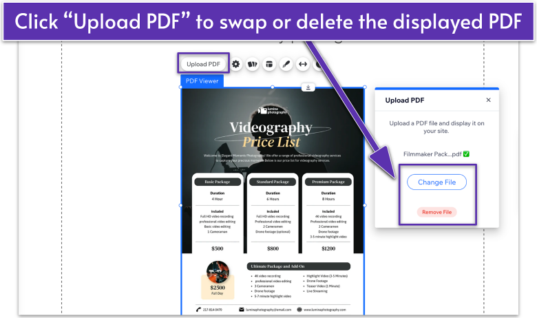 PDF Viewer selected in Wix Editor, showing Settings menu with Change File and Remove File buttons