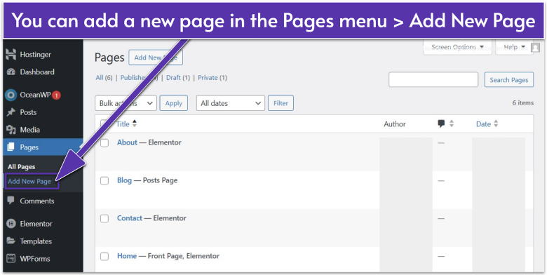 WordPress Pages menu