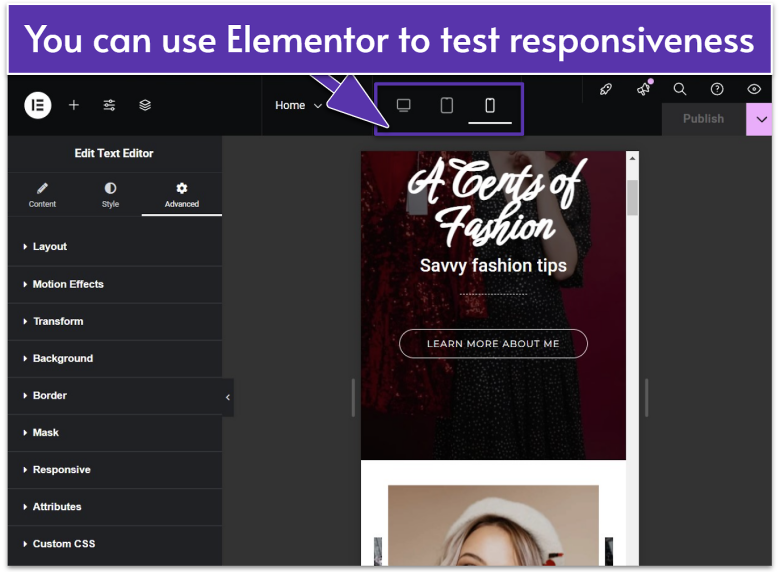 A mobile phone preview of an Elementor website