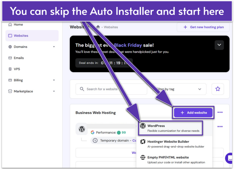 Websites menu on Hostinger's hPanel