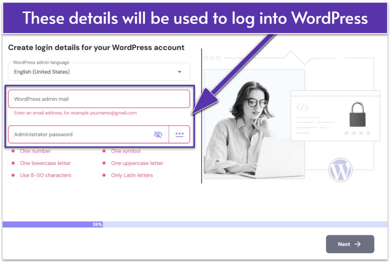 Creation of WordPress login details on Hostinger's hPanel
