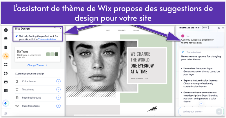 Screenshot of Wix's Theme Assistant providing design suggestions