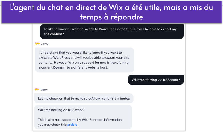 Screenshot of Wix's live chat support answering a question-FR