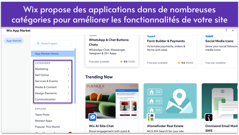 Screenshot of app plugin categories offered by Wix