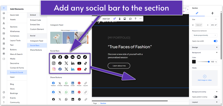 Wix Guide Portfolio Site Module 3, adding a social bar to the section