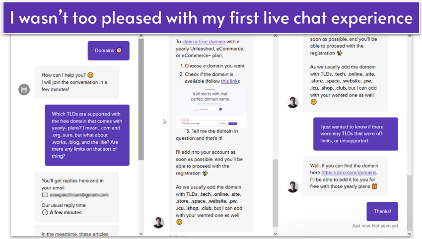 Zyro's live chat support