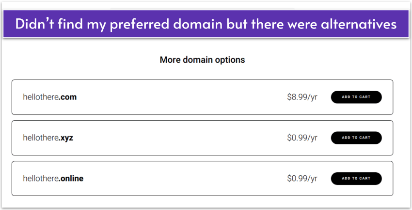 Zyro's available domains