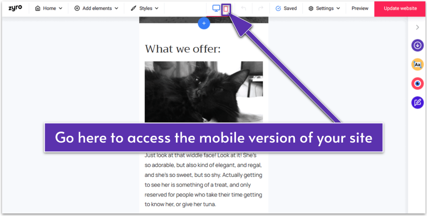 Zyro's editor's mobile version
