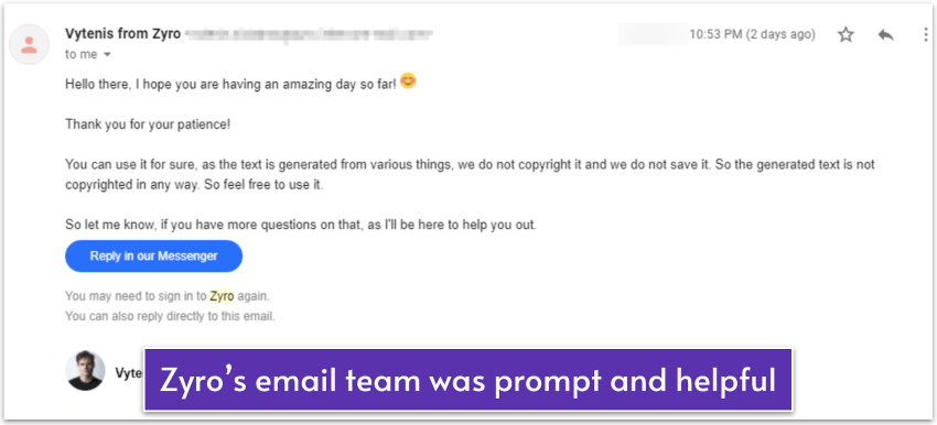 Zyro's email support