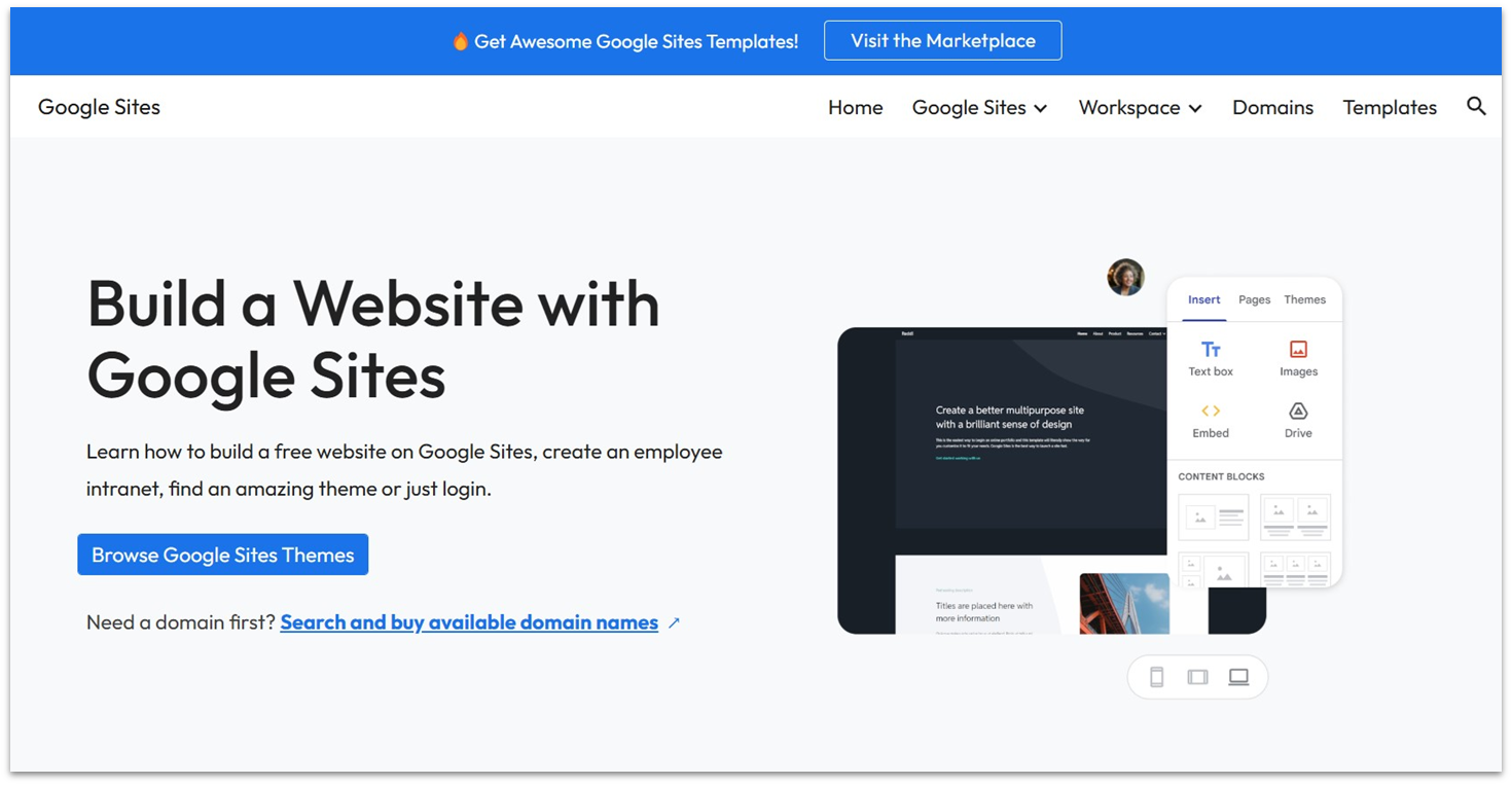 Google Sites website landing page