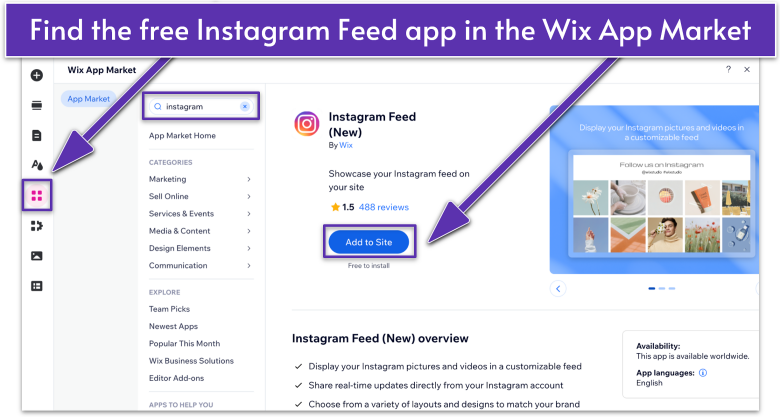 Wix App Market, showing the search result “Instagram Feed (New) By Wix”