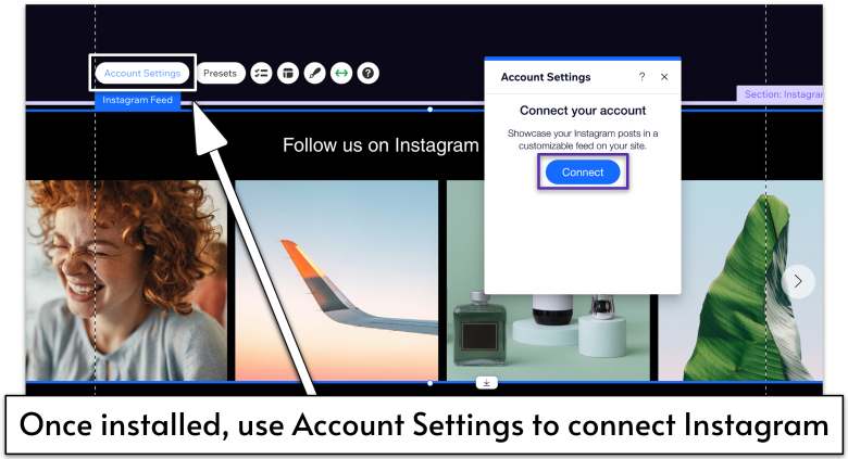 Wix Editor with Instagram Feed selected, navigating to Account Settings and Connect button