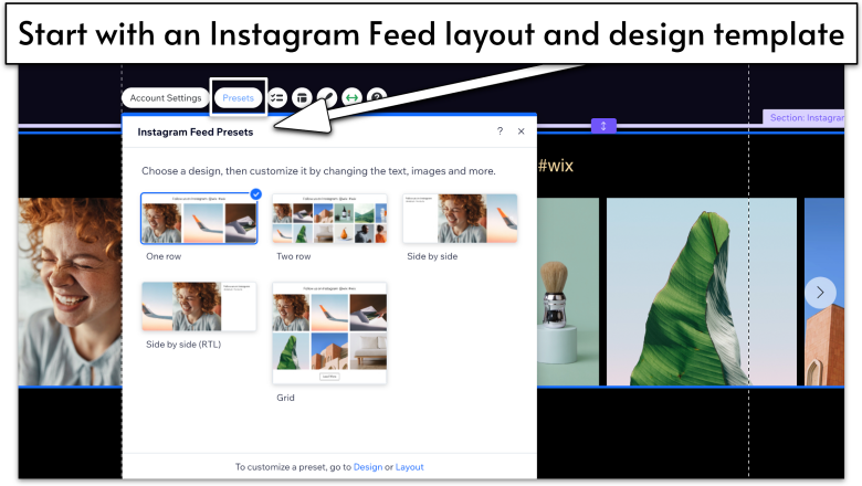 Instagram Feed Section selected in Wix Editor, navigating to Presents menu with design options