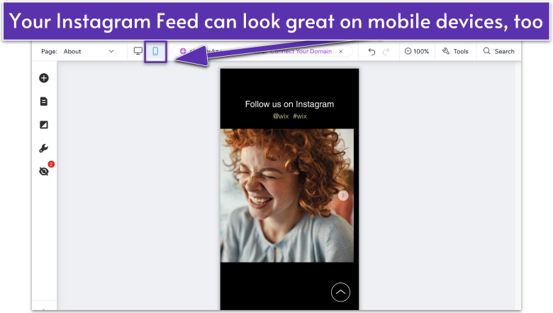 Wix Mobile Editor, showing an Instagram Feed in mobile view