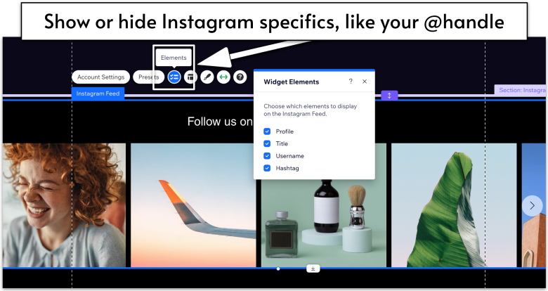 Instagram Feed Section in Wix Editor, navigating to Elements menu