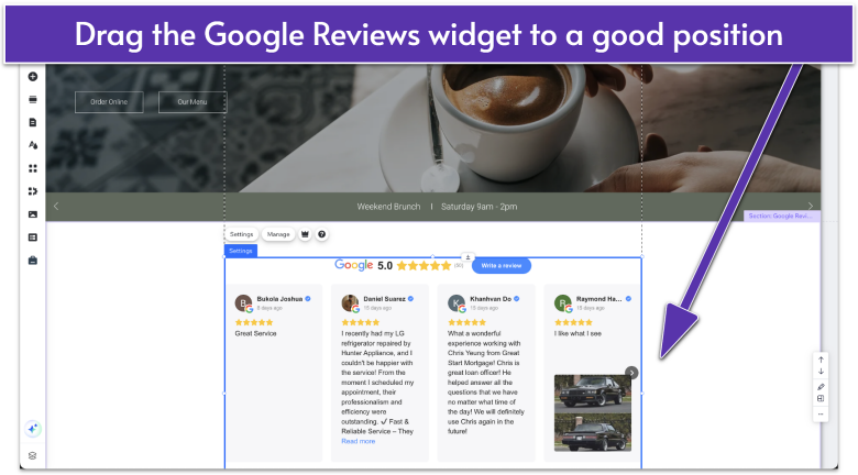 Google Reviews by Elfsight widget centered on a homepage in the Wix Editor