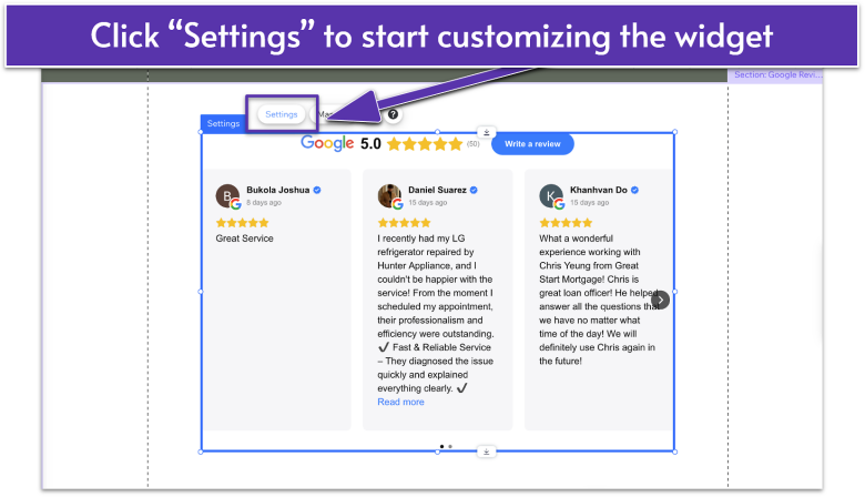 Google Reviews by Elfsight widget in Wix Editor, navigating to Settings in pop-up menu