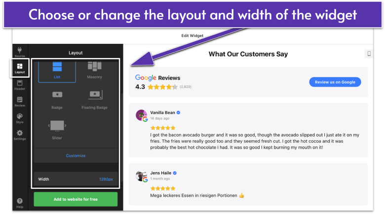 Edit Widget page for Google Reviews by Elfsight, navigating to Layout menu