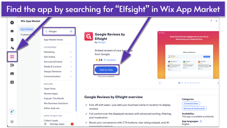 Wix App Market, showing the search result “Google Reviews by Elfsight”
