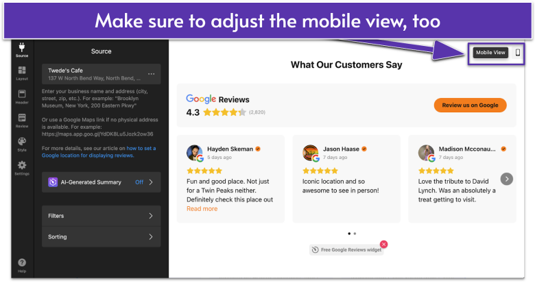 Edit Widget page for Google Reviews by Elfsight, navigating to Mobile View button