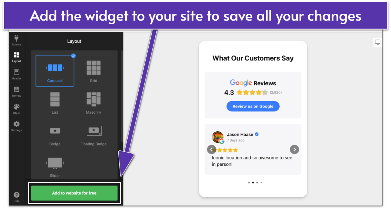 Edit Widget page for Google Reviews by Elfsight, navigating to Add to website for free button