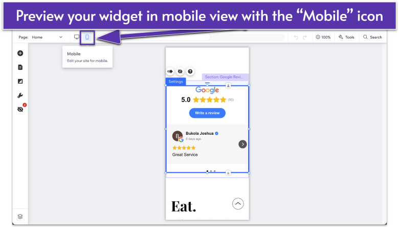 Wix Editor, navigating to Mobile preview of a Google Reviews by Elfsight widget