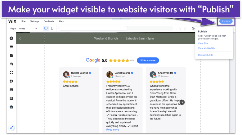 Google Reviews by Elfsight widget in the Wix Editor, navigating to Publish button