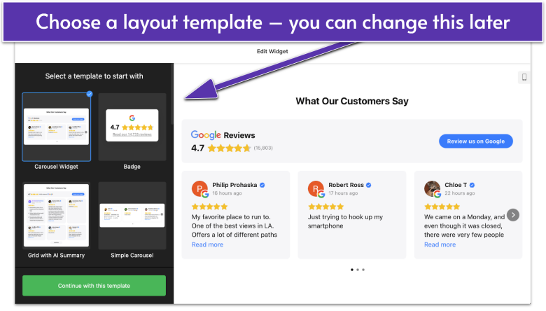 Edit Widget page for Google Reviews by Elfsight, showing template options and preview pane