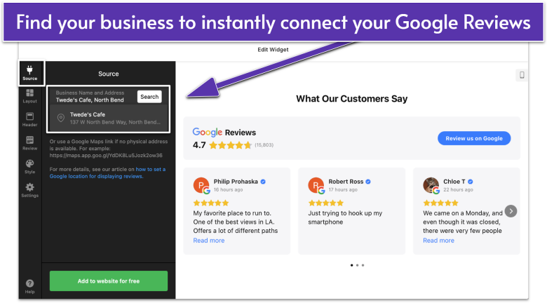 Edit Widget page for Google Reviews by Elfsight, showing a search bar for Source