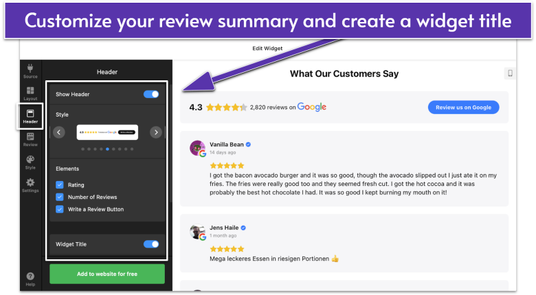 Edit Widget page for Google Reviews by Elfsight, navigating to Header menu