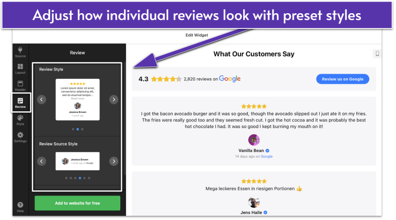 Edit Widget page for Google Reviews by Elfsight, navigating to Review menu