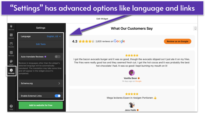 Edit Widget page for Google Reviews by Elfsight, navigating to Settings menu