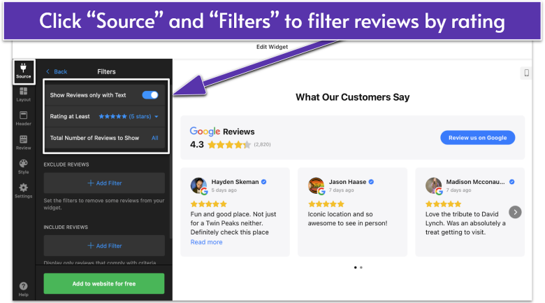 Edit Widget page for Google Reviews by Elfsight, navigating to Source and Filters menu