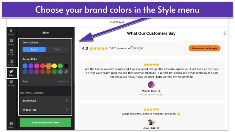 Edit Widget page for Google Reviews by Elfsight, navigating to Style menu